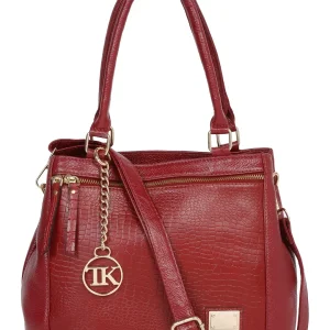 Women Red Texture Leather Structured Handheld Bag